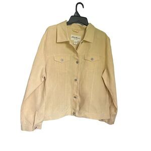 Eddie Bauer Size L Tall Lightweight Linen Yellow Button Up Shirt Jacket